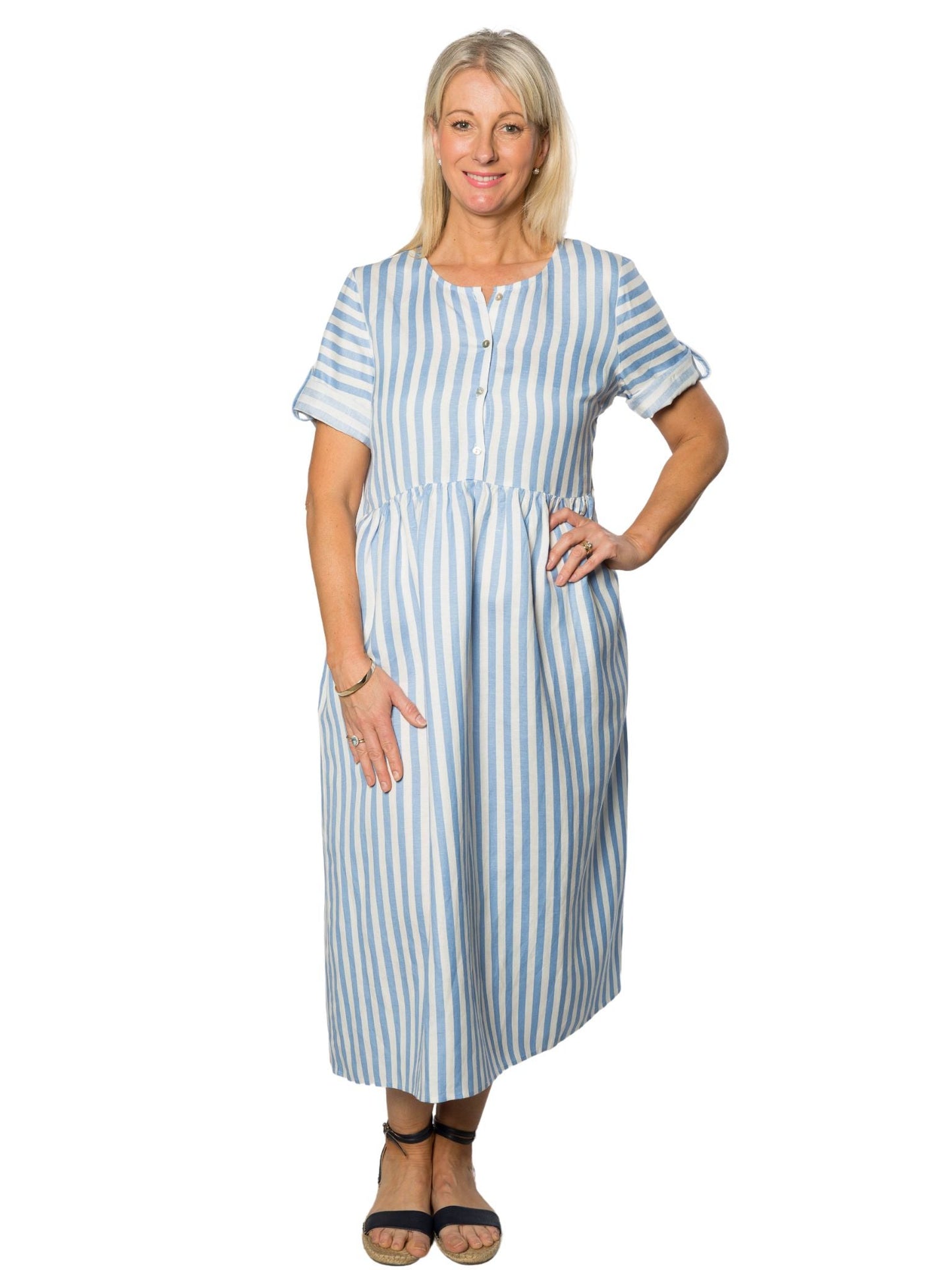 Roll-up short sleeve Cotton blend Stripe dress with pockets #7223 - Blue