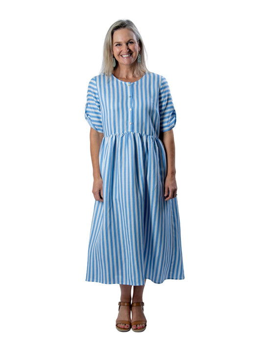 Roll-up short sleeve Cotton blend Stripe dress with pockets #7223 - Blue