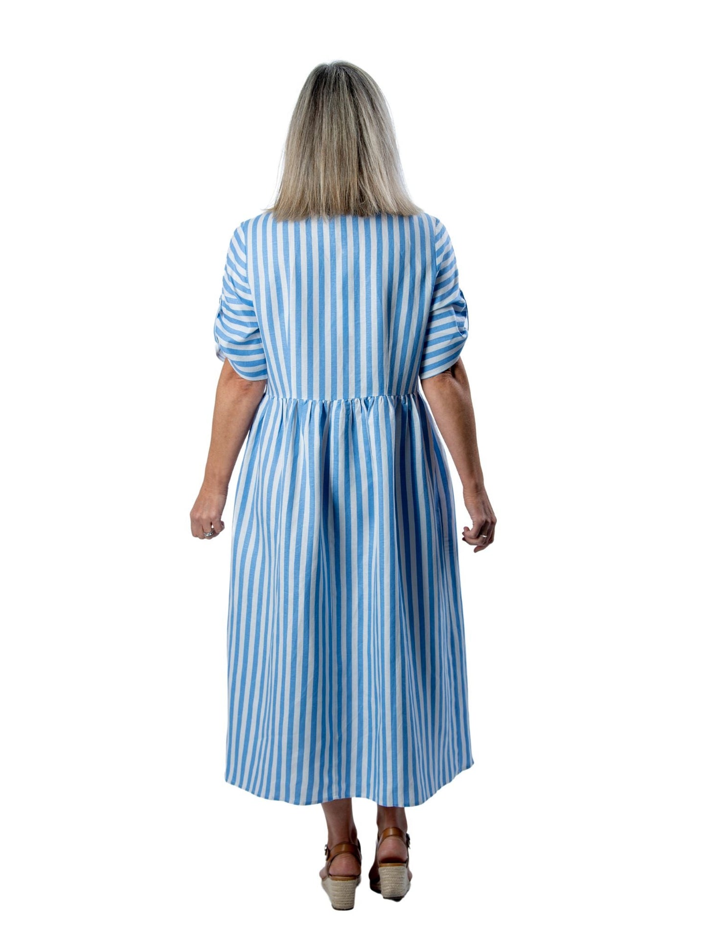 Roll-up short sleeve Cotton blend Stripe dress with pockets #7223 - Blue