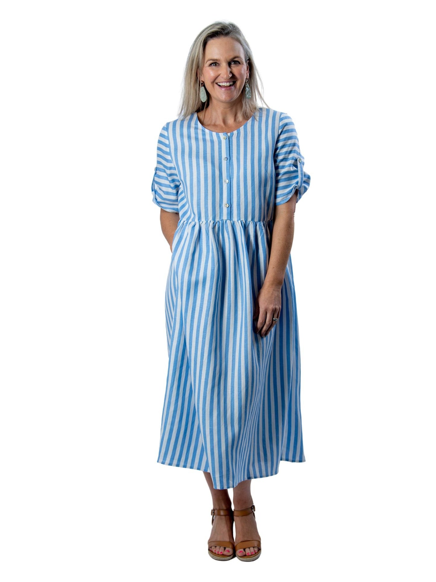 Roll-up short sleeve Cotton blend Stripe dress with pockets #7223 - Blue