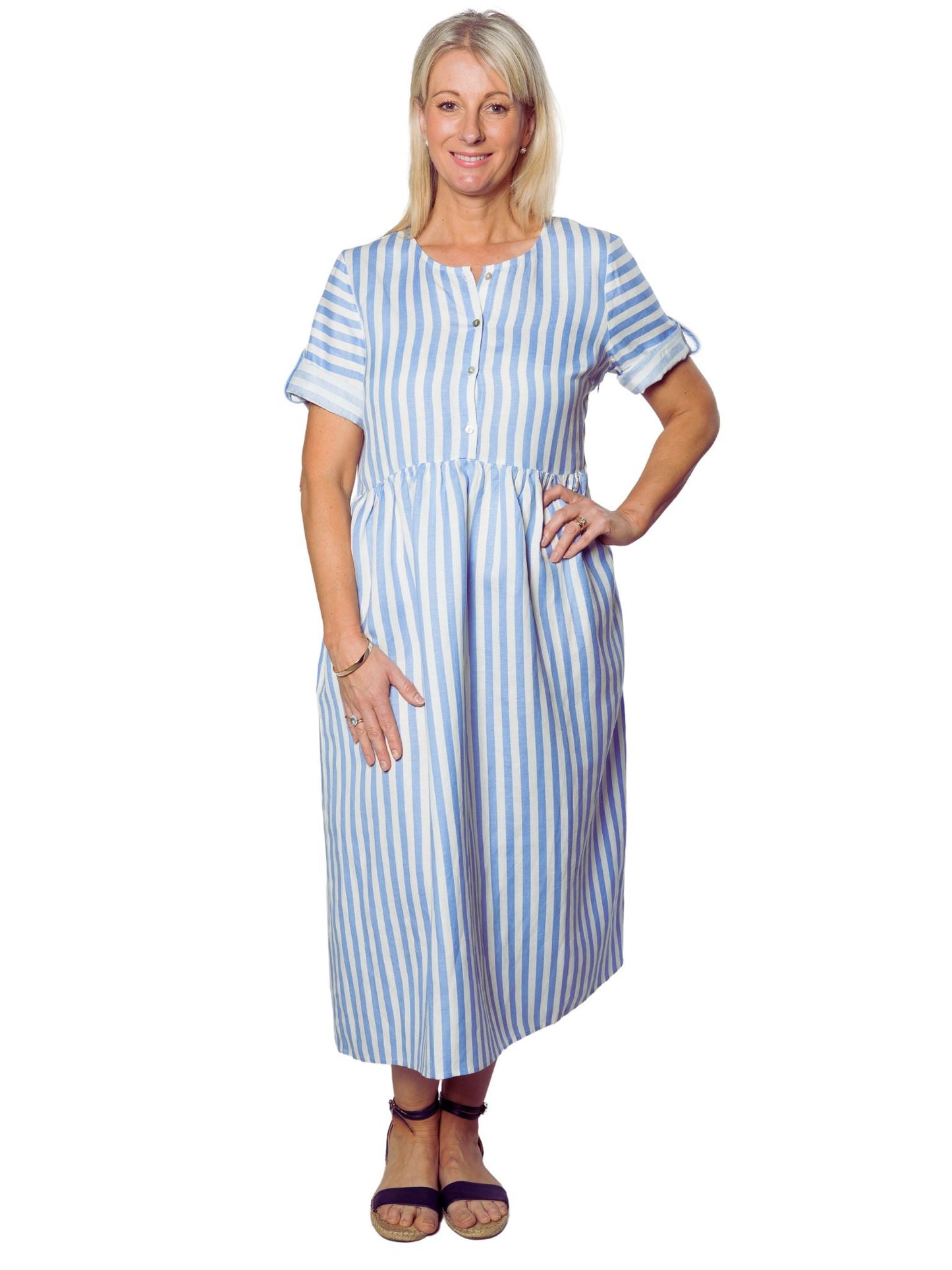 Roll-up short sleeve Cotton blend Stripe dress with pockets #7223 - Blue