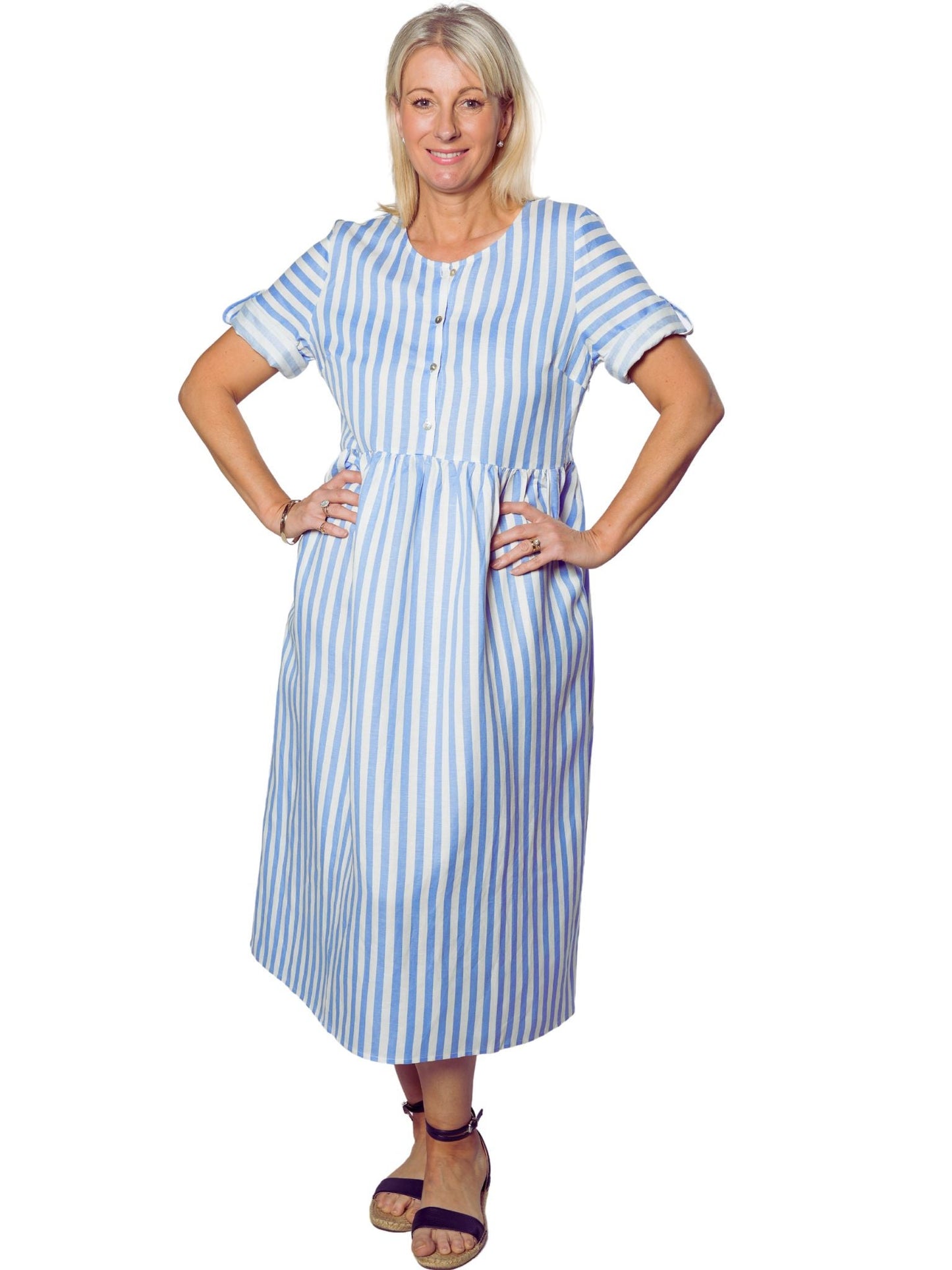 Roll-up short sleeve Cotton blend Stripe dress with pockets #7223 - Blue