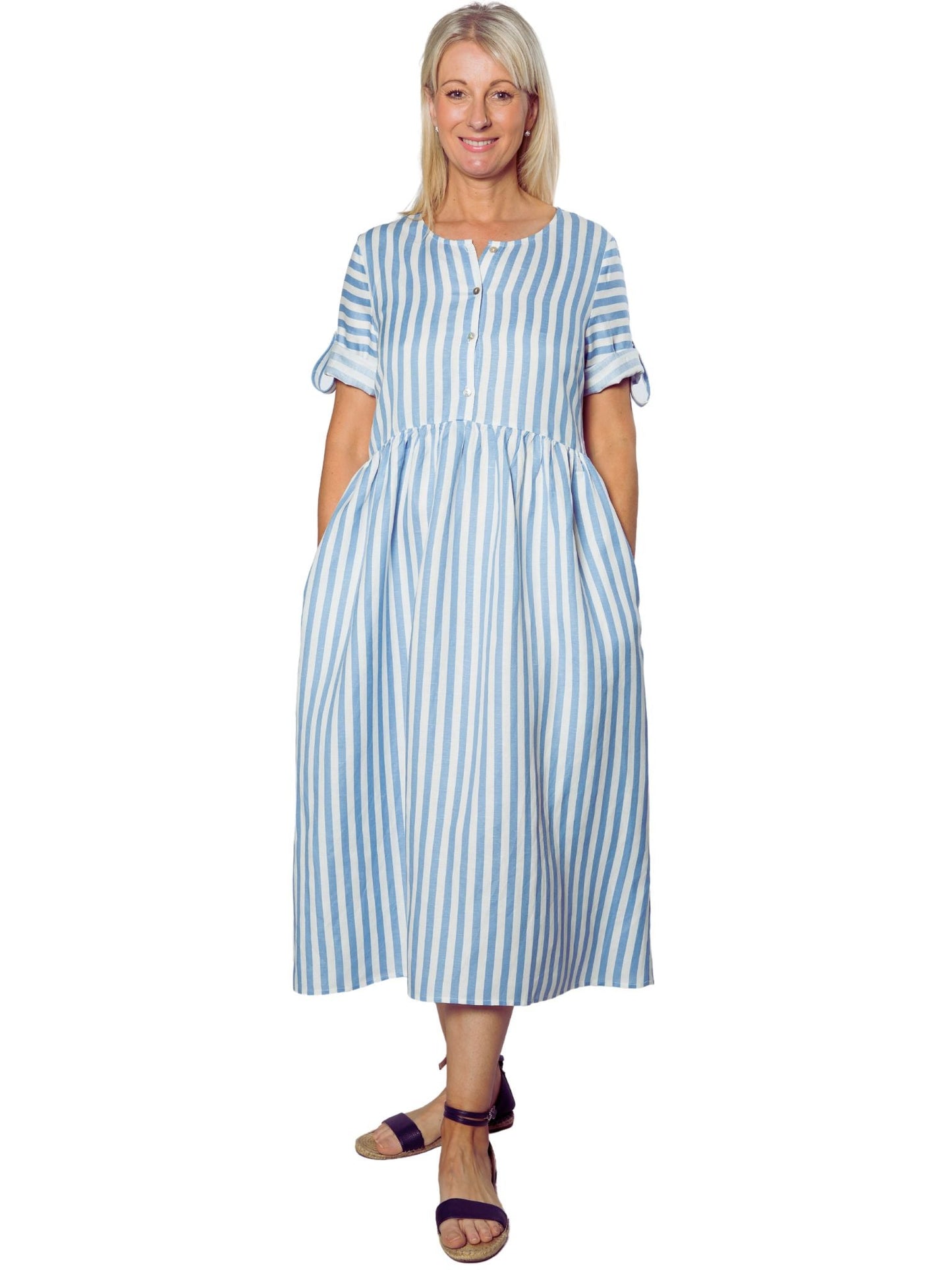 Roll-up short sleeve Cotton blend Stripe dress with pockets #7223 - Blue