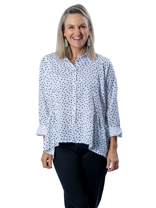CORFU Relaxed, Panelled Spot Pint Shirt with Roll-up Tab Sleeves #CF6387 - White/Navy Spot