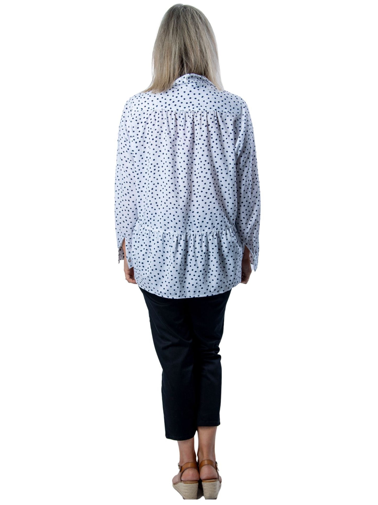 CORFU Relaxed, Panelled Spot Pint Shirt with Roll-up Tab Sleeves #CF6387 - White/Navy Spot