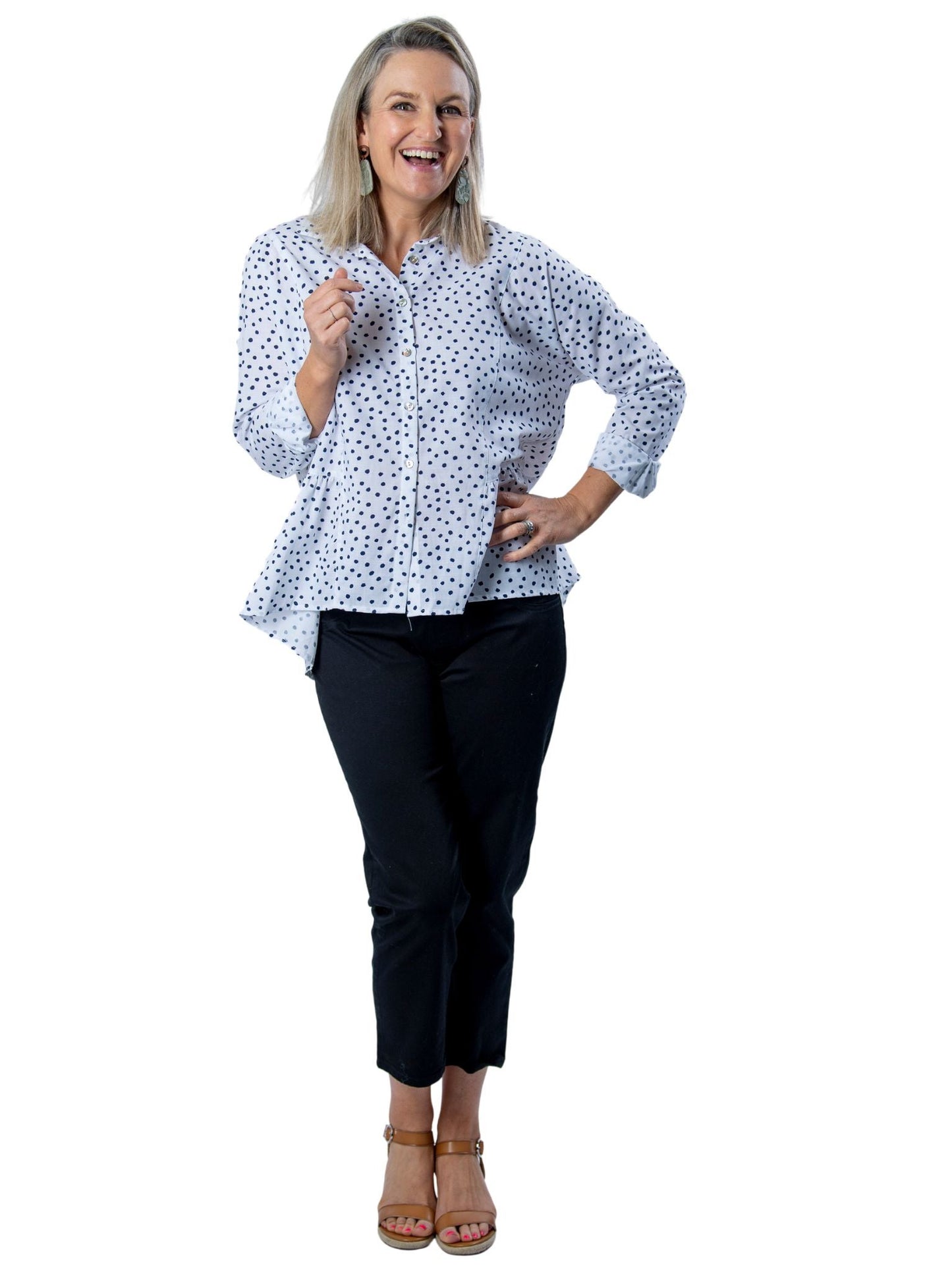 CORFU Relaxed, Panelled Spot Pint Shirt with Roll-up Tab Sleeves #CF6387 - White/Navy Spot