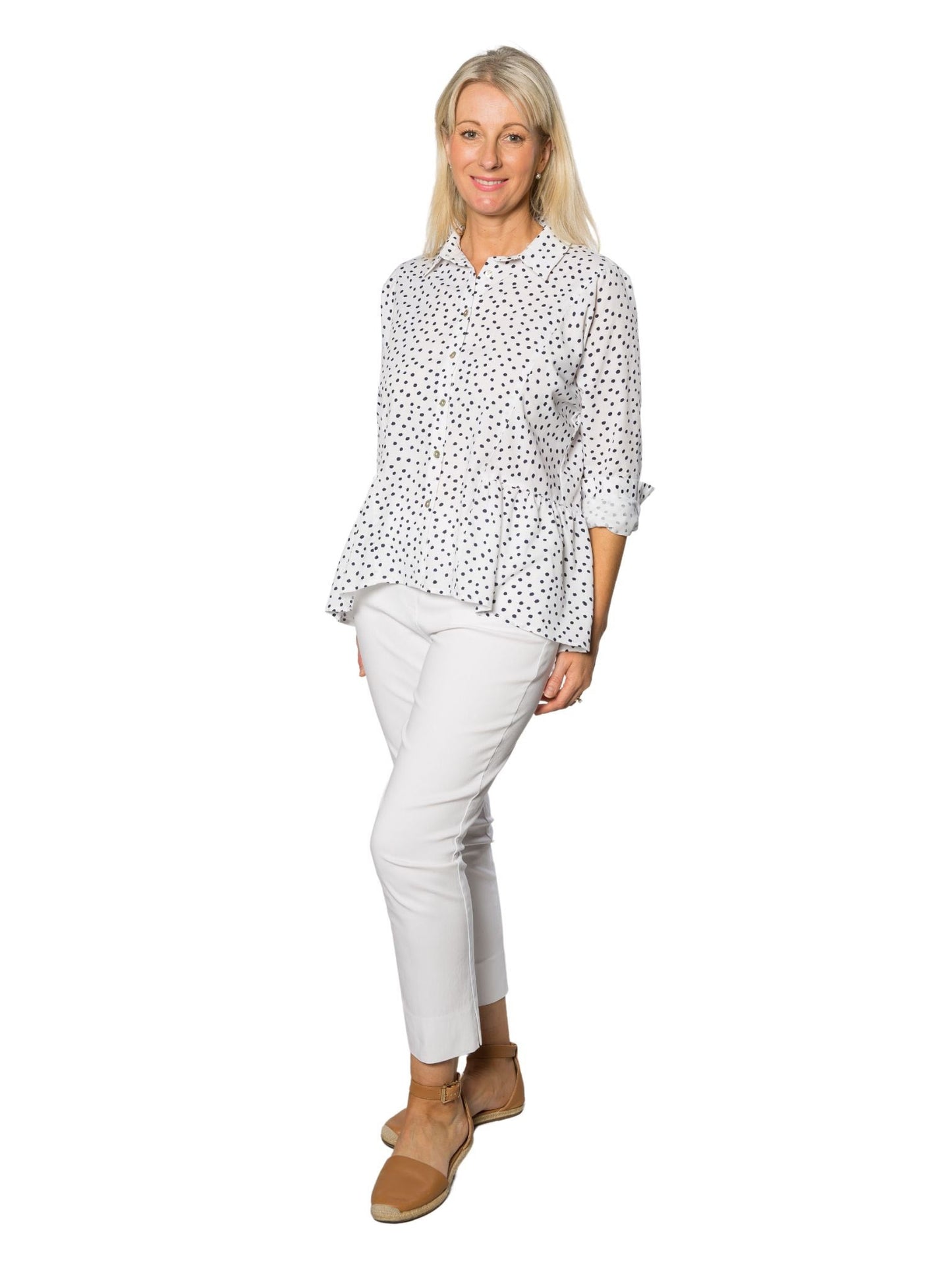 CORFU Relaxed, Panelled Spot Pint Shirt with Roll-up Tab Sleeves #CF6387 - White/Navy Spot