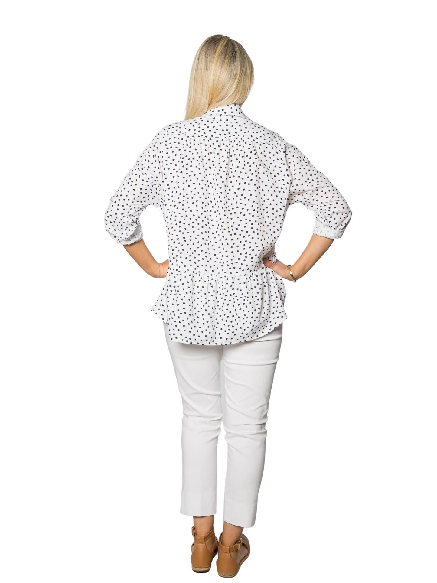 CORFU Relaxed, Panelled Spot Pint Shirt with Roll-up Tab Sleeves #CF6387 - White/Navy Spot