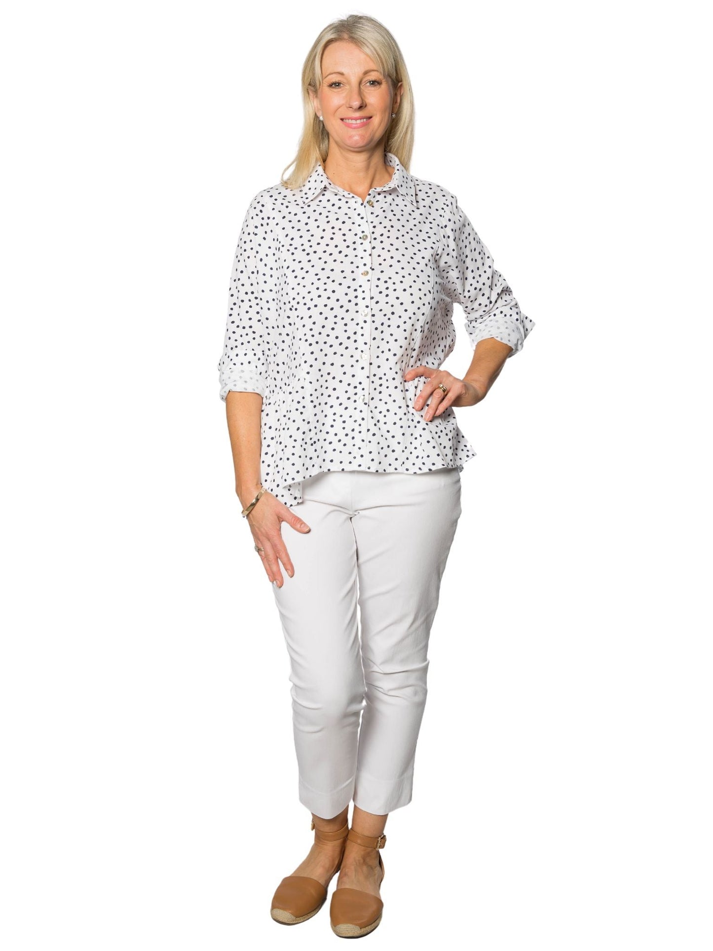 CORFU Relaxed, Panelled Spot Pint Shirt with Roll-up Tab Sleeves #CF6387 - White/Navy Spot