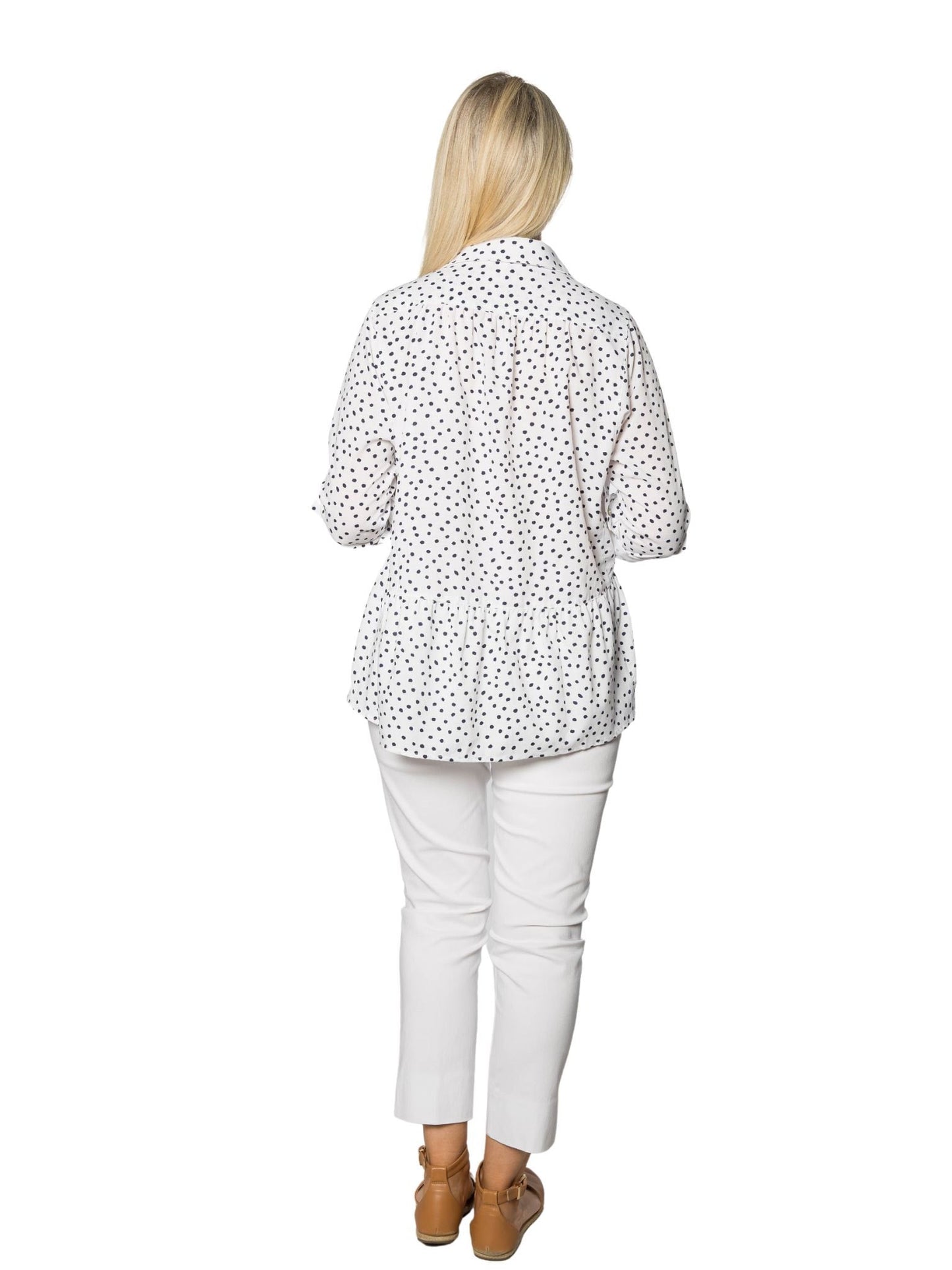 CORFU Relaxed, Panelled Spot Pint Shirt with Roll-up Tab Sleeves #CF6387 - White/Navy Spot