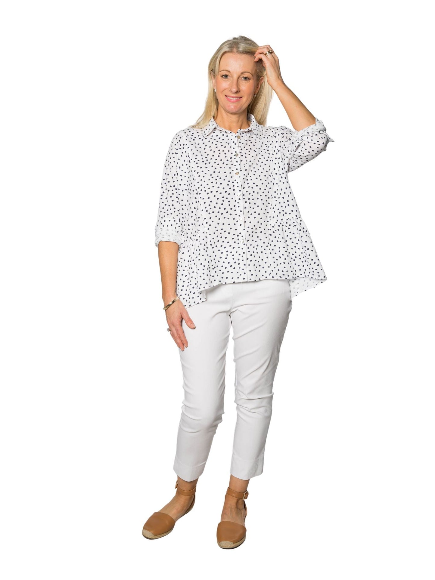 CORFU Relaxed, Panelled Spot Pint Shirt with Roll-up Tab Sleeves #CF6387 - White/Navy Spot