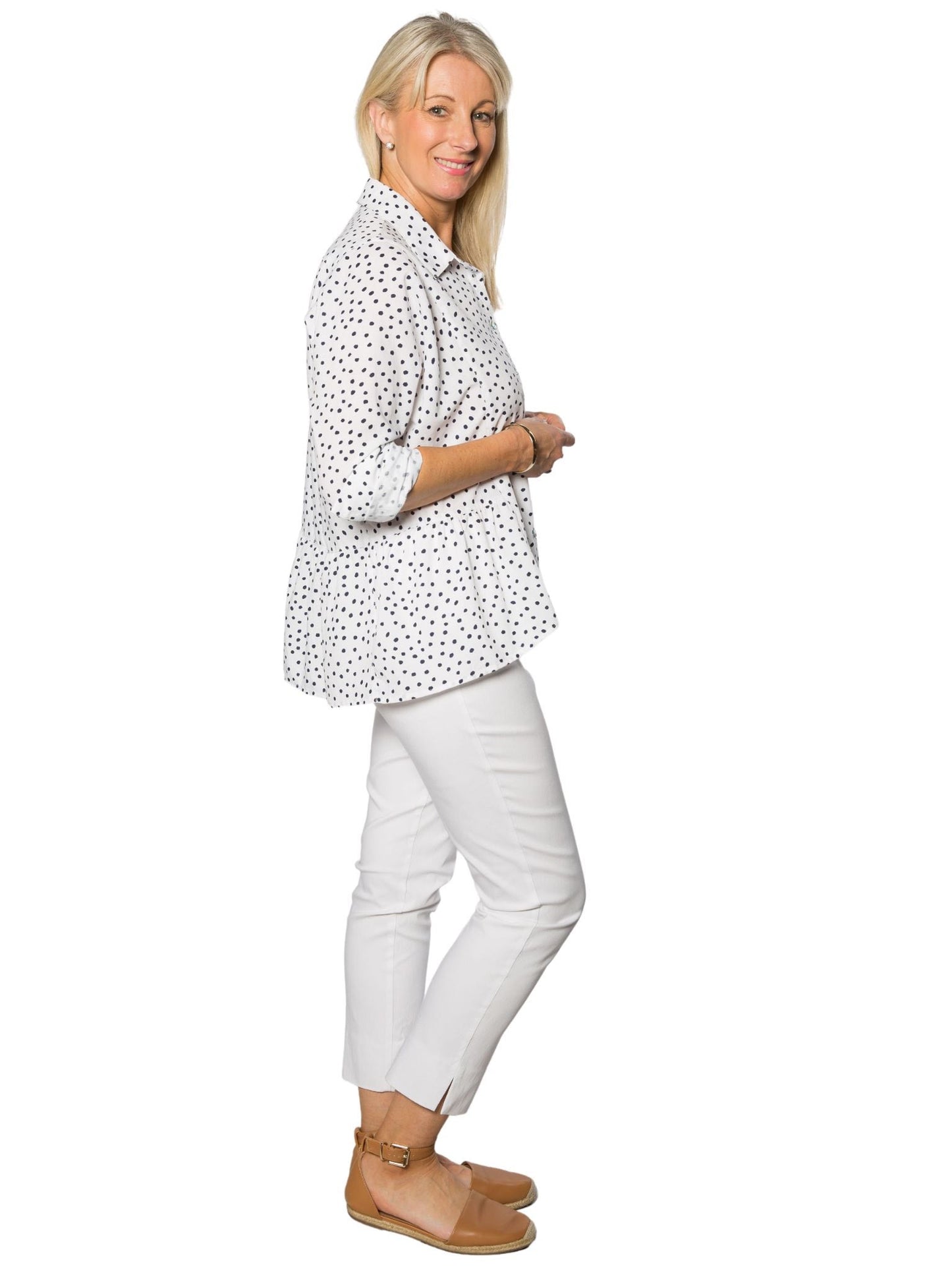 CORFU Relaxed, Panelled Spot Pint Shirt with Roll-up Tab Sleeves #CF6387 - White/Navy Spot