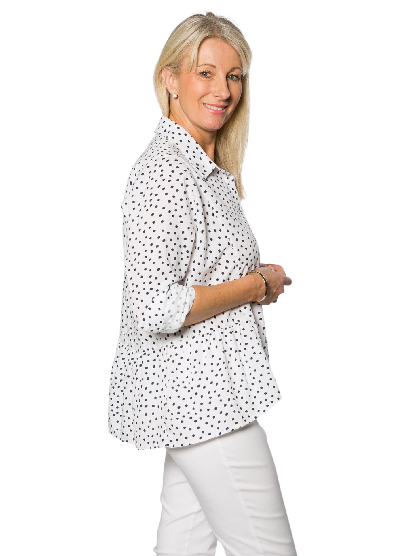 CORFU Relaxed, Panelled Spot Pint Shirt with Roll-up Tab Sleeves #CF6387 - White/Navy Spot