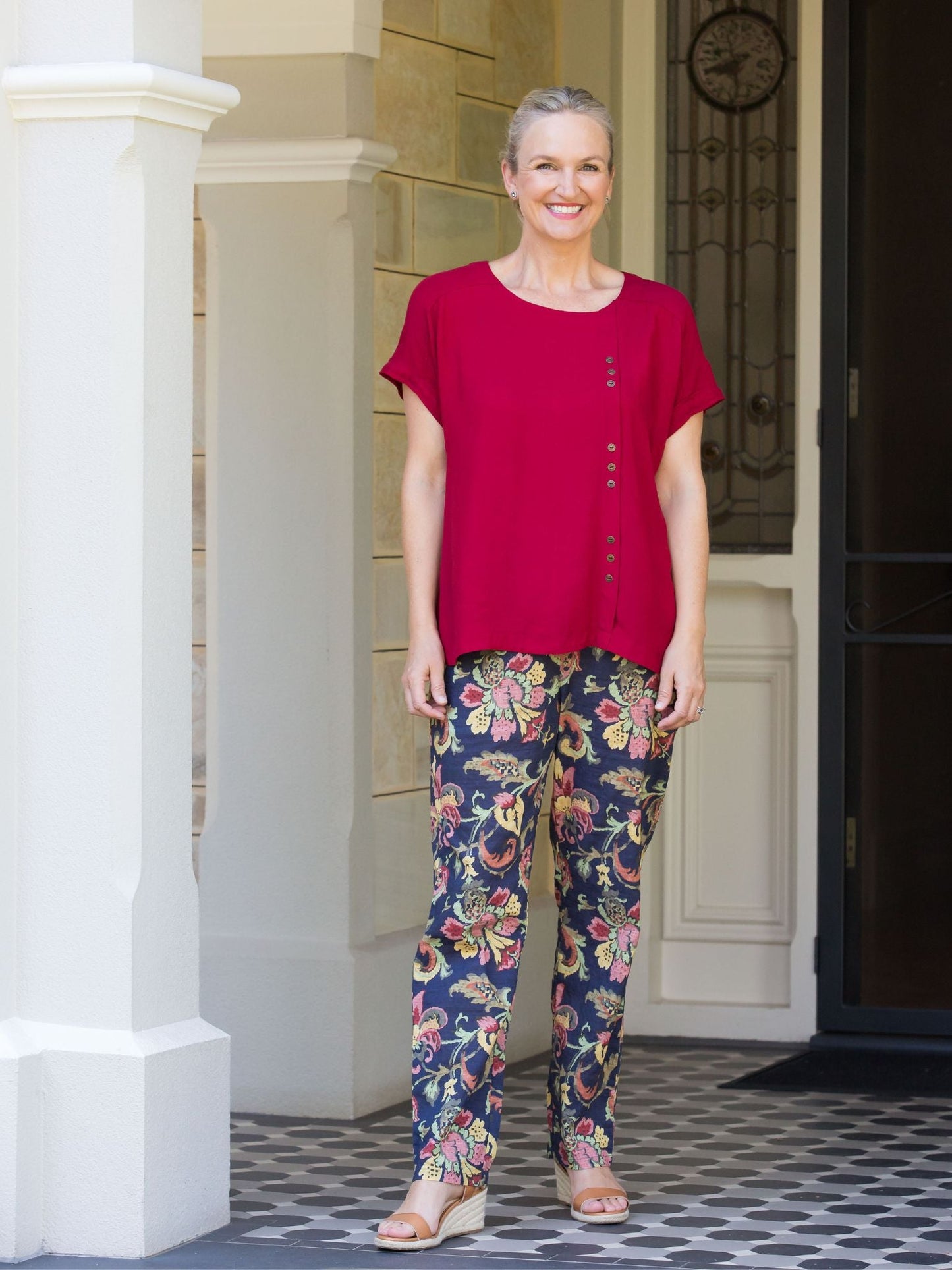 Cuffed short sleeve Top with button feature #317 - Wine