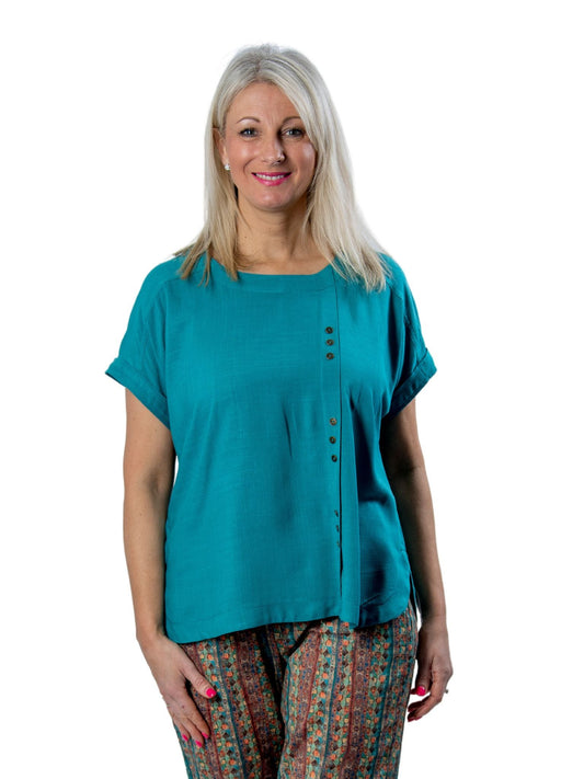 Cuffed short sleeve Top with button feature #317 - Teal
