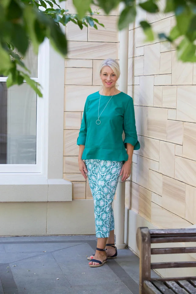 #412 Green 3/4 sleeve open cuff linen cotton round neck top