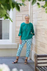 #412 Green 3/4 sleeve open cuff linen cotton round neck top