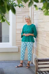#412 Green 3/4 sleeve open cuff linen cotton round neck top