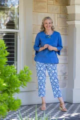 #412 Blue 3/4 sleeve open cuff linen cotton round neck top