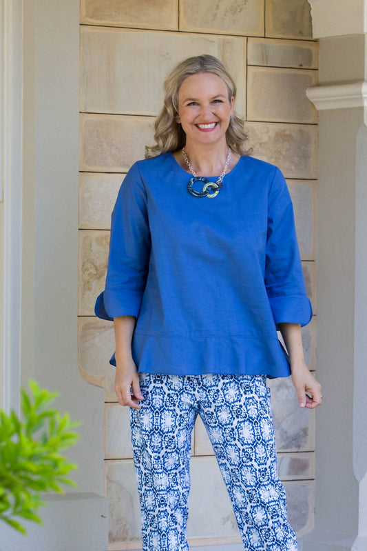 3/4 sleeve open cuff linen cotton round neck top #412 Blue