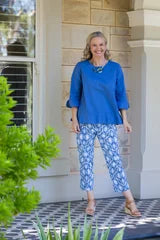 #412 Blue 3/4 sleeve open cuff linen cotton round neck top