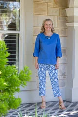 #412 Blue 3/4 sleeve open cuff linen cotton round neck top