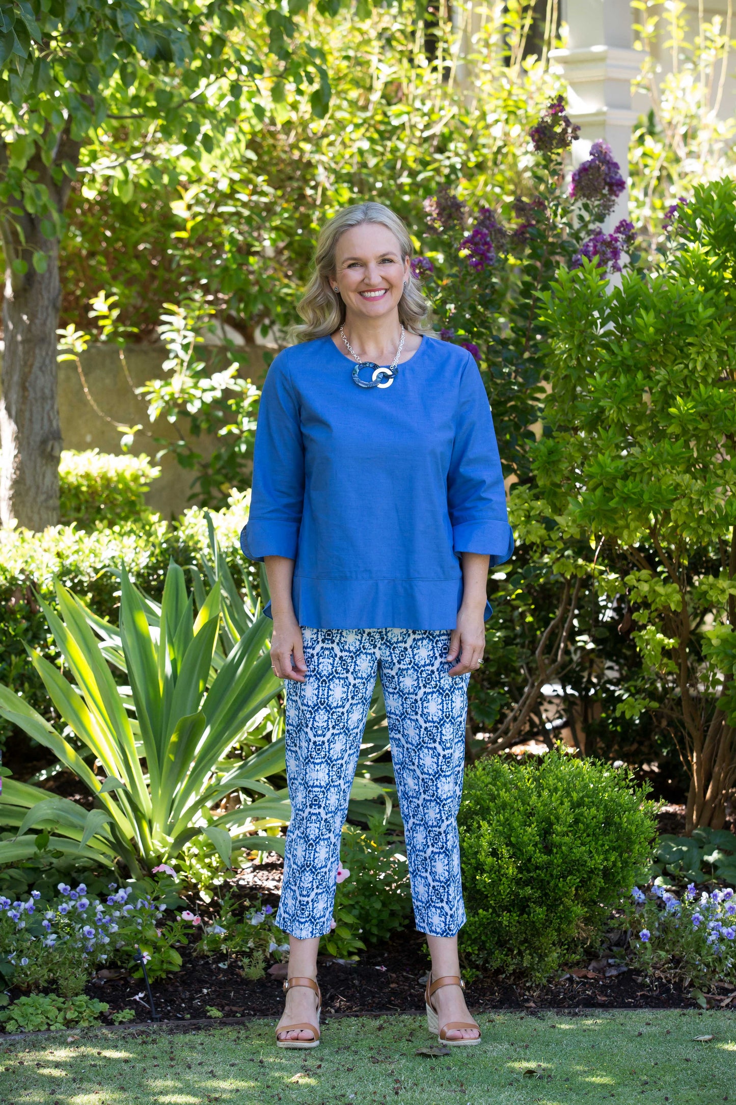 3/4 sleeve open cuff linen cotton round neck top #412 Blue