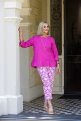 #412 Pink 3/4 sleeve open cuff linen cotton round neck top