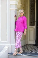 #412 Pink 3/4 sleeve open cuff linen cotton round neck top