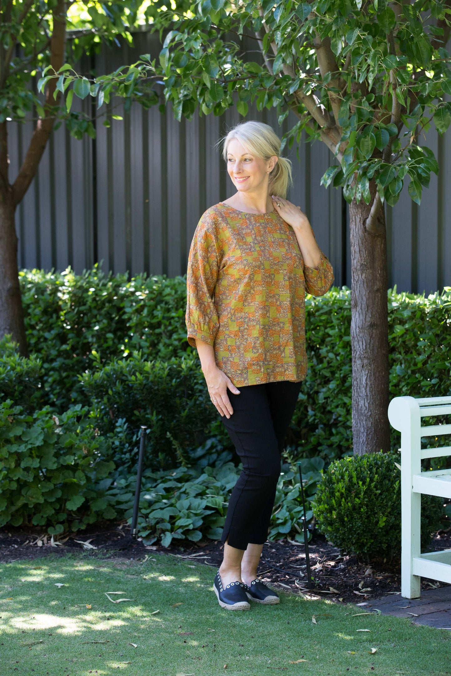 3/4 Sleeve Cotton Blend Round Neck Print Tunic #471 - Gold