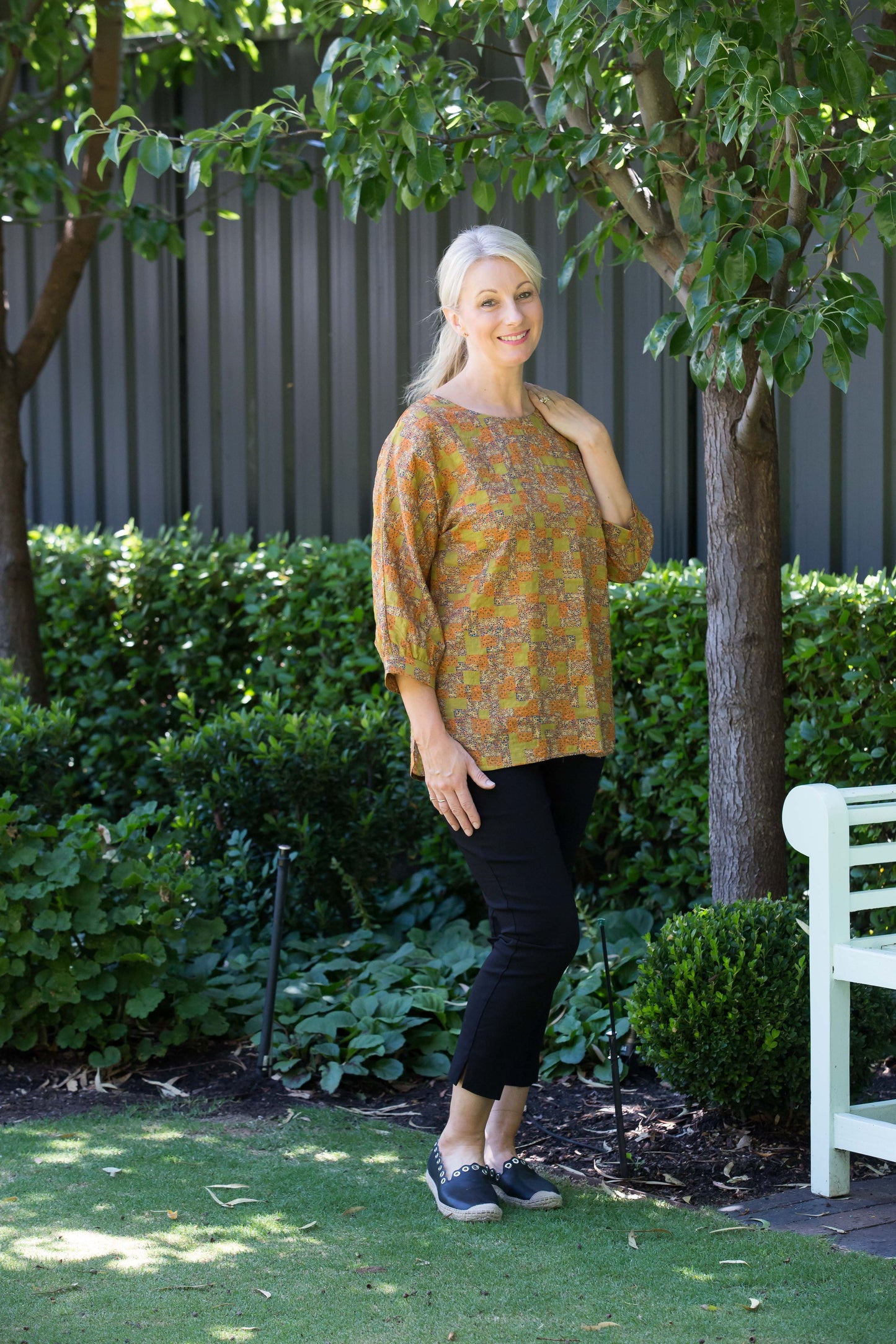 3/4 Sleeve Cotton Blend Round Neck Print Tunic #471 - Gold