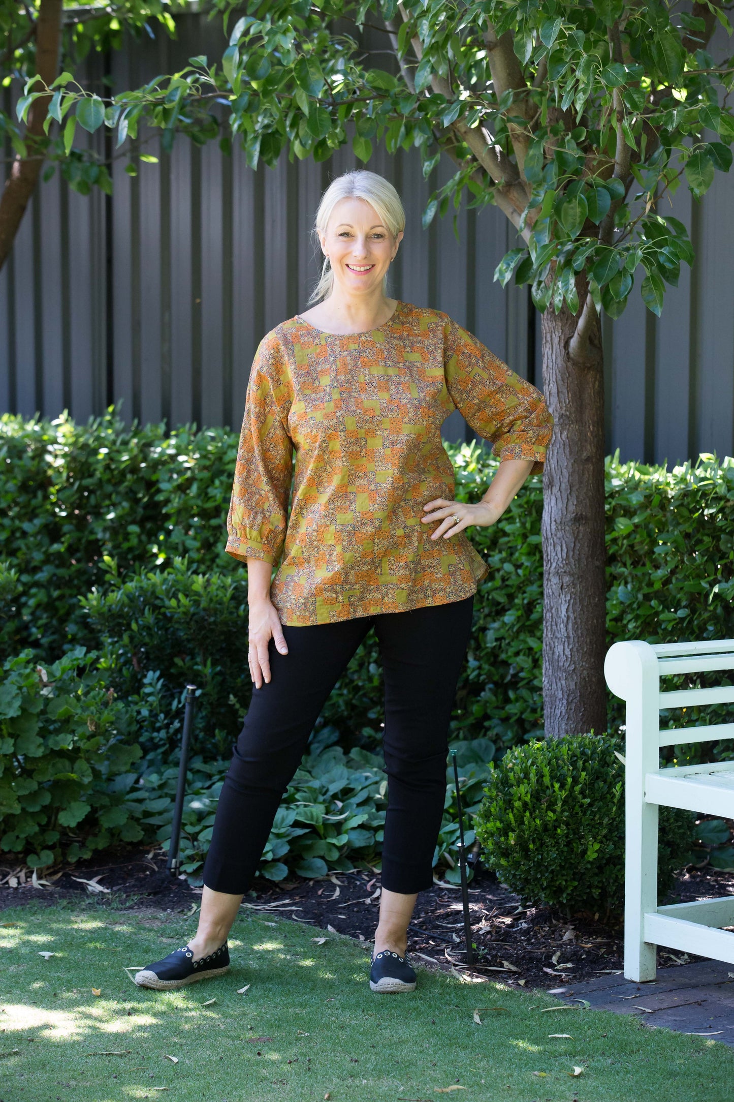 3/4 Sleeve Cotton Blend Round Neck Print Tunic #471 - Gold