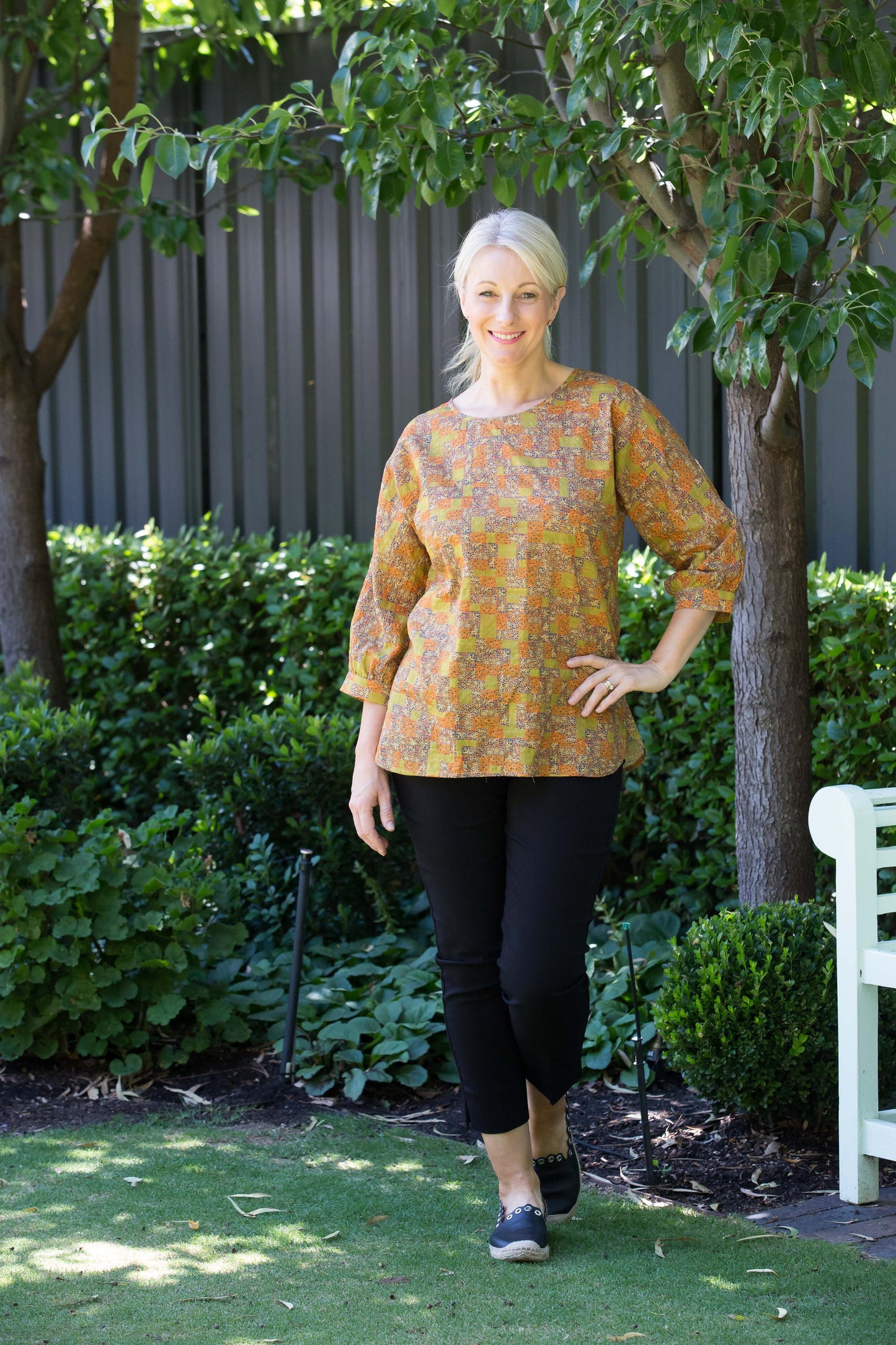3/4 Sleeve Cotton Blend Round Neck Print Tunic #471 - Gold