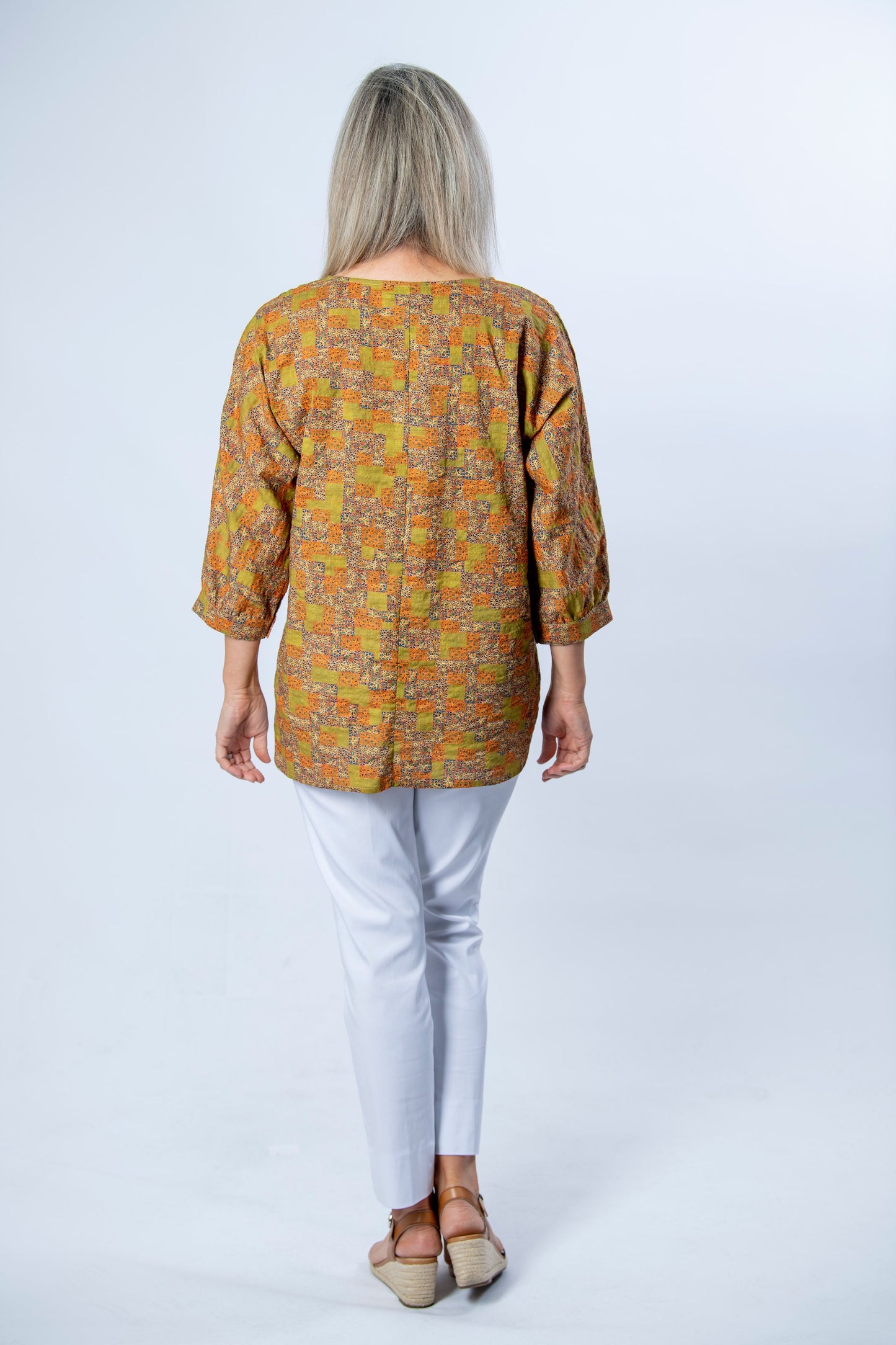 3/4 Sleeve Cotton Blend Round Neck Print Tunic #471 - Gold