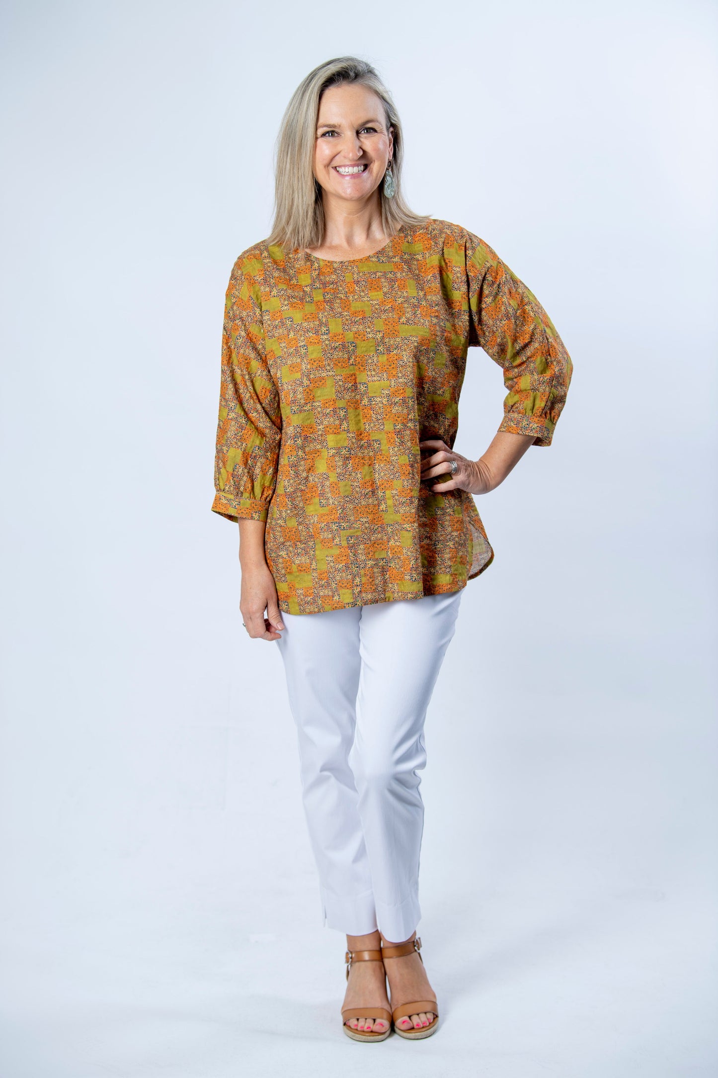 3/4 Sleeve Cotton Blend Round Neck Print Tunic #471 - Gold