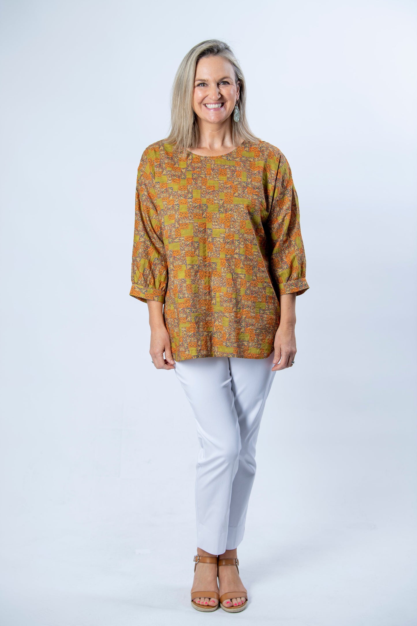 3/4 Sleeve Cotton Blend Round Neck Print Tunic #471 - Gold