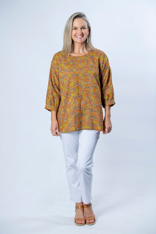 3/4 Sleeve Cotton Blend Round Neck Print Tunic #471 - Gold