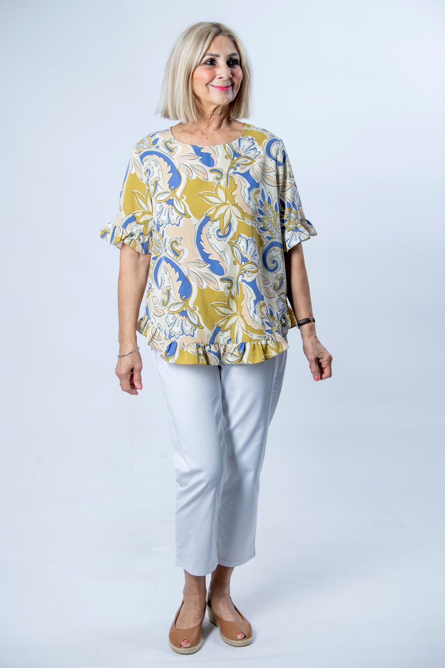 Printed Short sleeve top with ruffle sleeve and hem edge finish #486 - Green