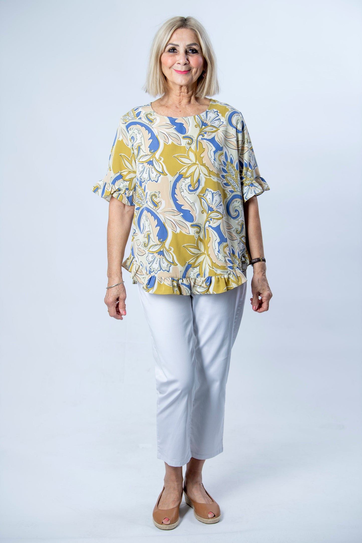 Printed Short sleeve top with ruffle sleeve and hem edge finish #486 - Green