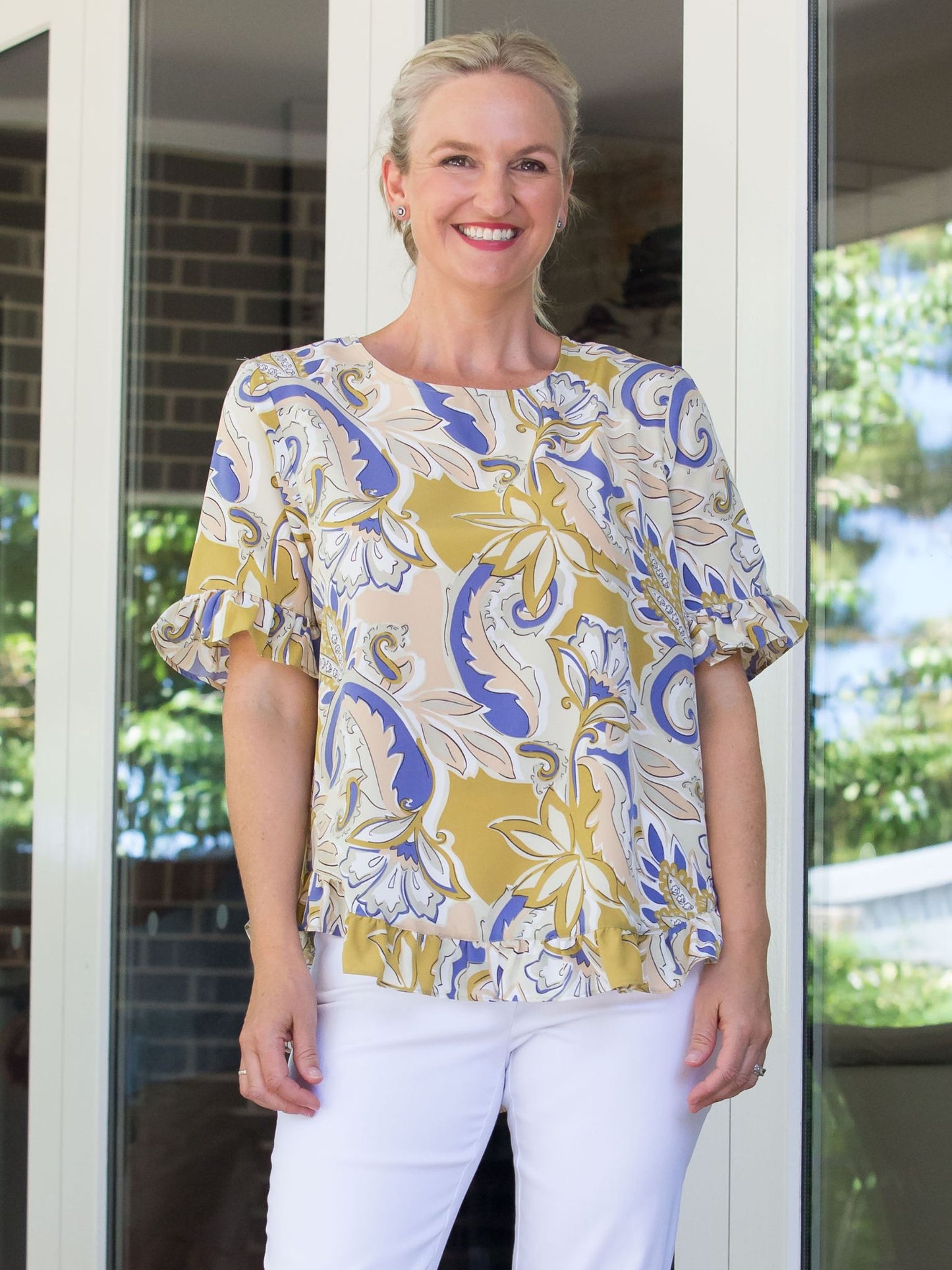 Printed Short sleeve top with ruffle sleeve and hem edge finish #486 - Green