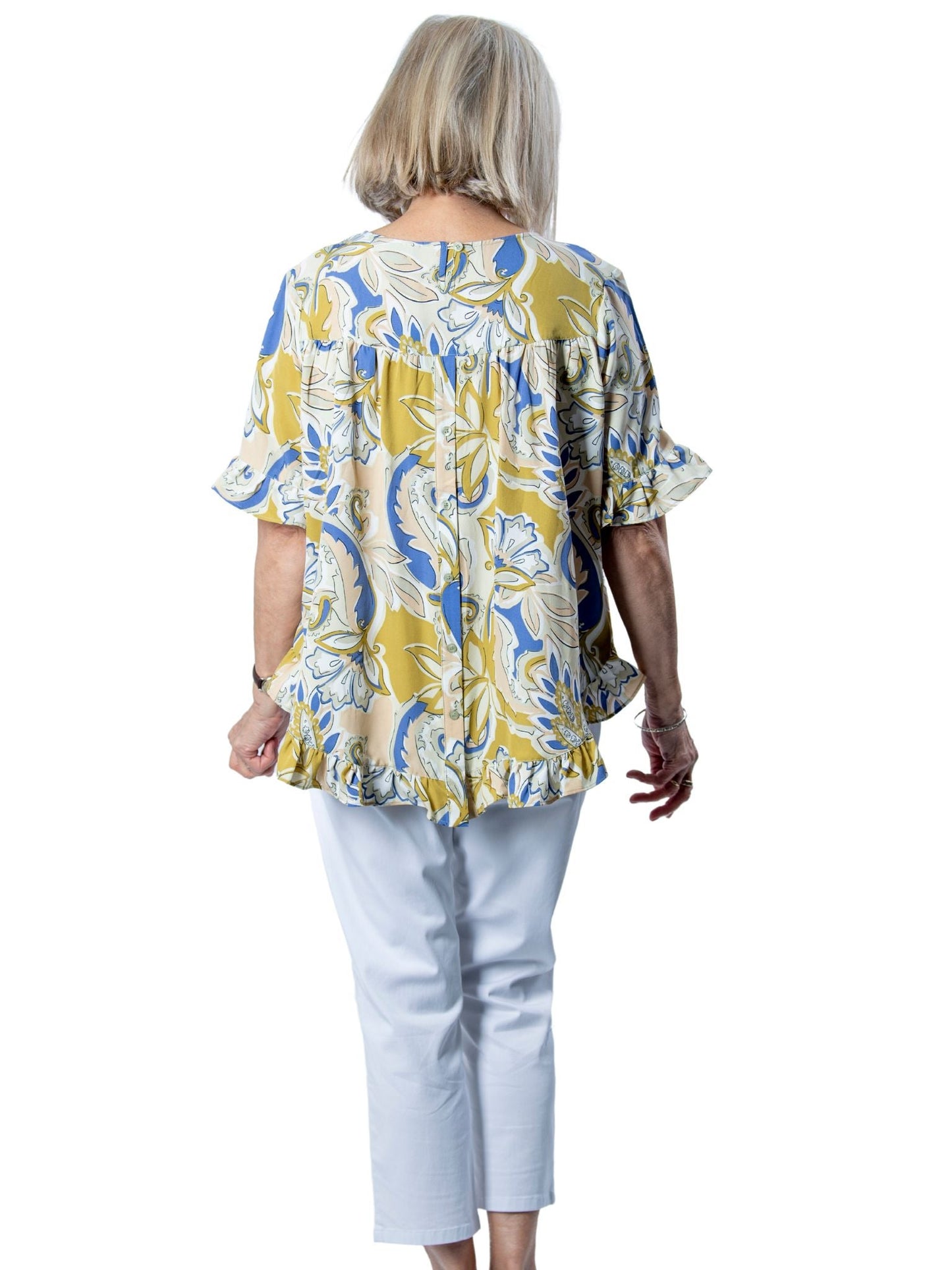 Printed Short sleeve top with ruffle sleeve and hem edge finish #486 - Green