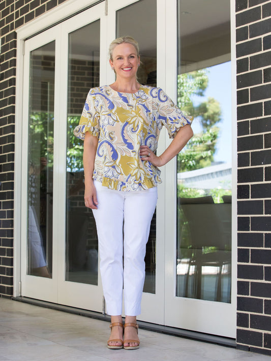 Printed Short sleeve top with ruffle sleeve and hem edge finish #486 - Green