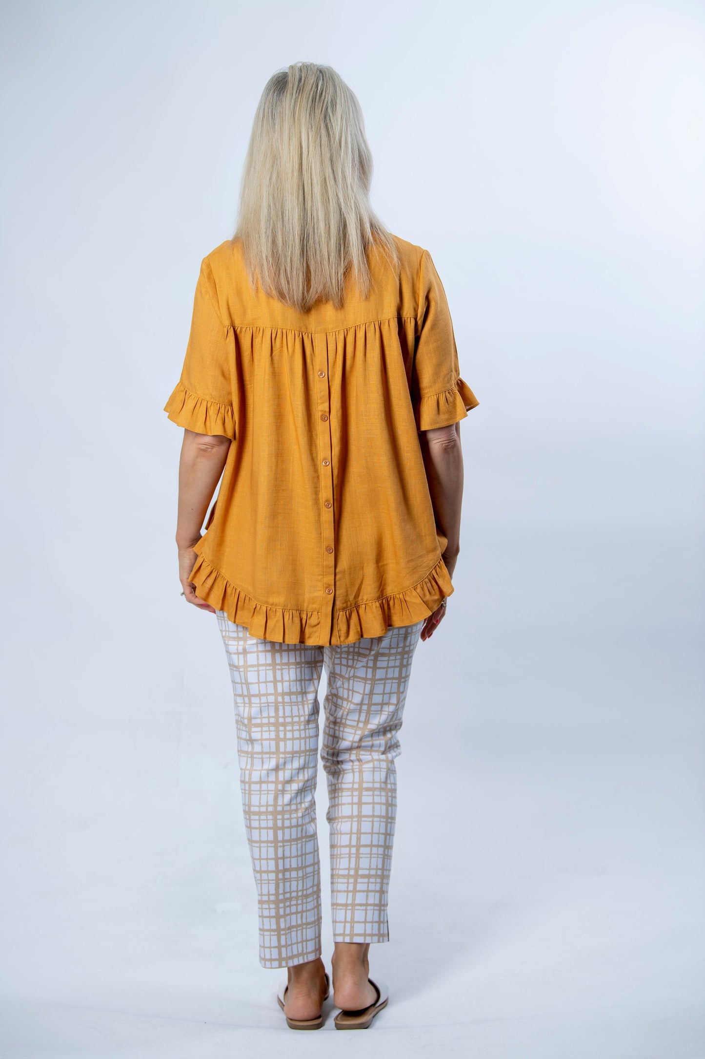 Linen Blend Short sleeve top with ruffle sleeve and hem edge finish #493 - Gold