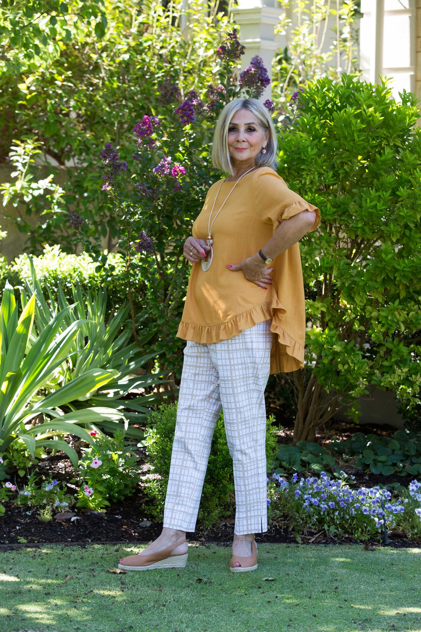 Linen Blend Short sleeve top with ruffle sleeve and hem edge finish #493 - Gold
