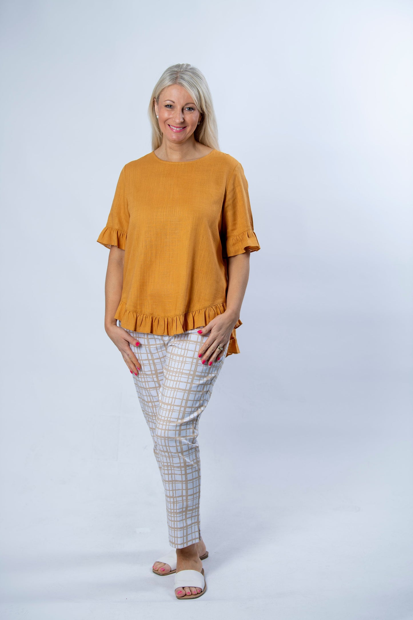 Linen Blend Short sleeve top with ruffle sleeve and hem edge finish #493 - Gold