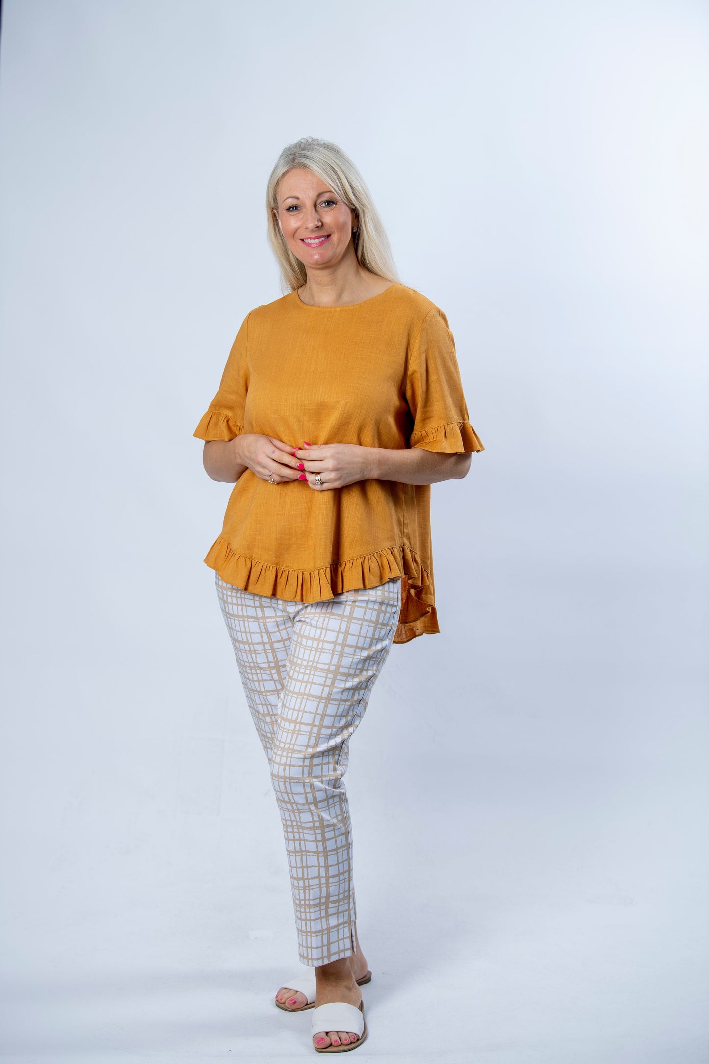 Linen Blend Short sleeve top with ruffle sleeve and hem edge finish #493 - Gold