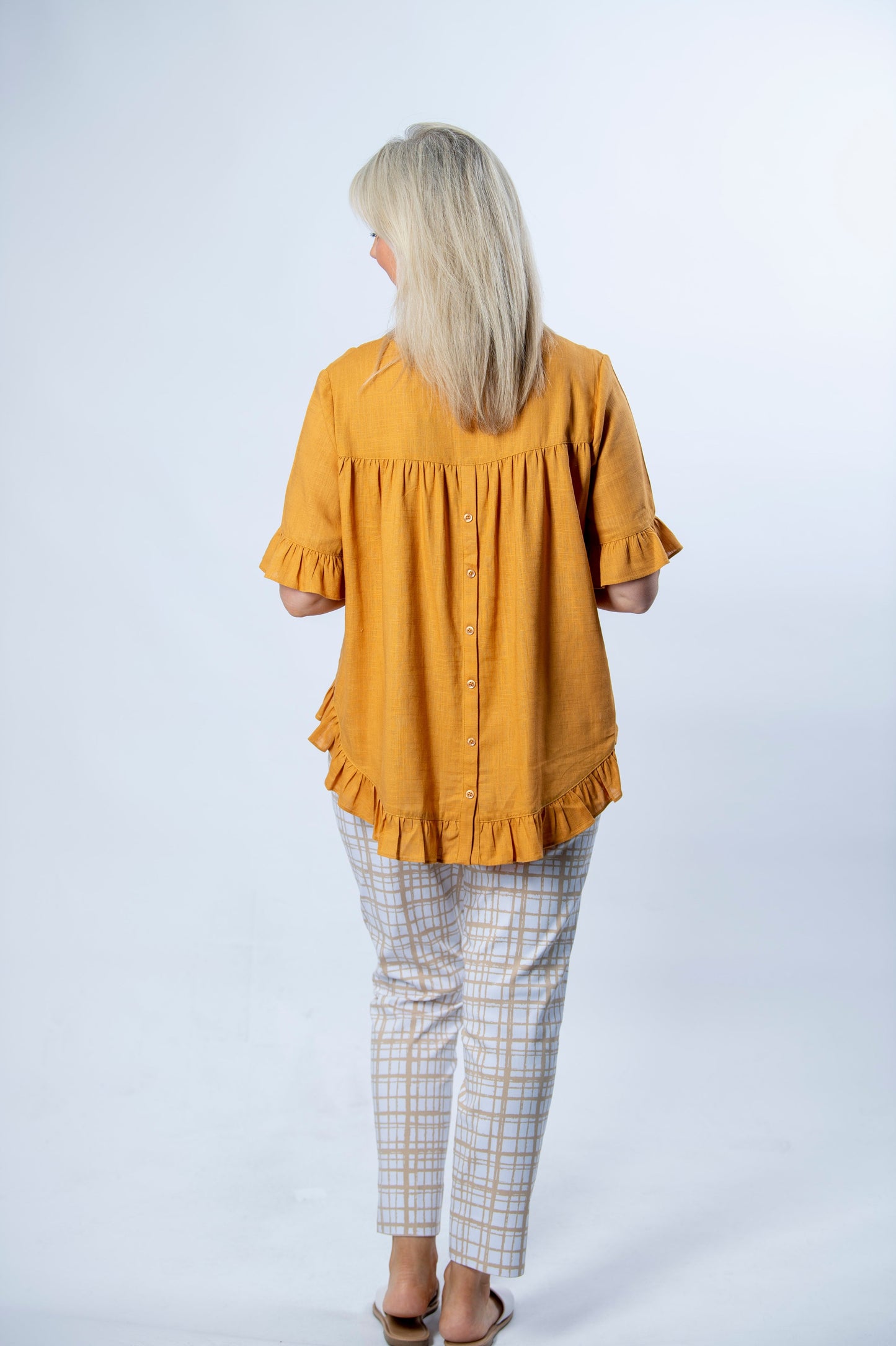 Linen Blend Short sleeve top with ruffle sleeve and hem edge finish #493 - Gold