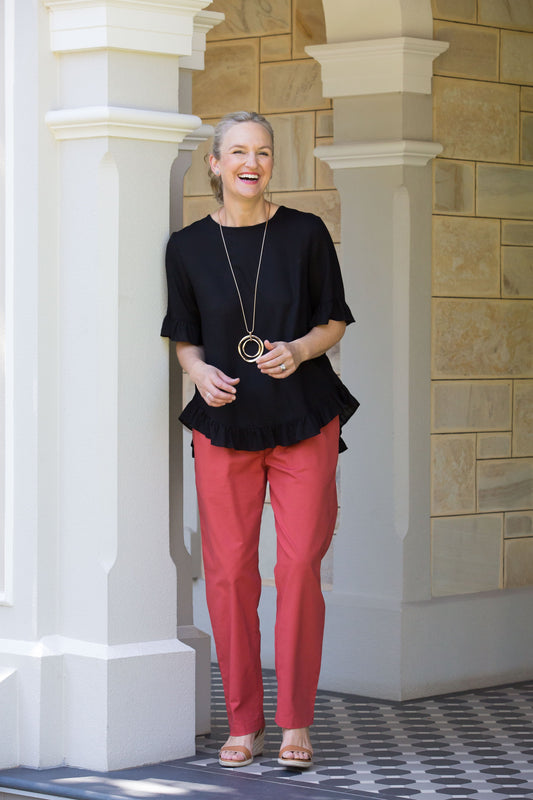 Linen Blend Short sleeve top with ruffle sleeve and hem edge finish #493 - Black