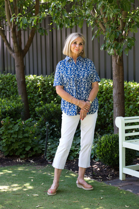 100% Cotton Short sleeve print shirt with front pintuck detail #3021 - Navy