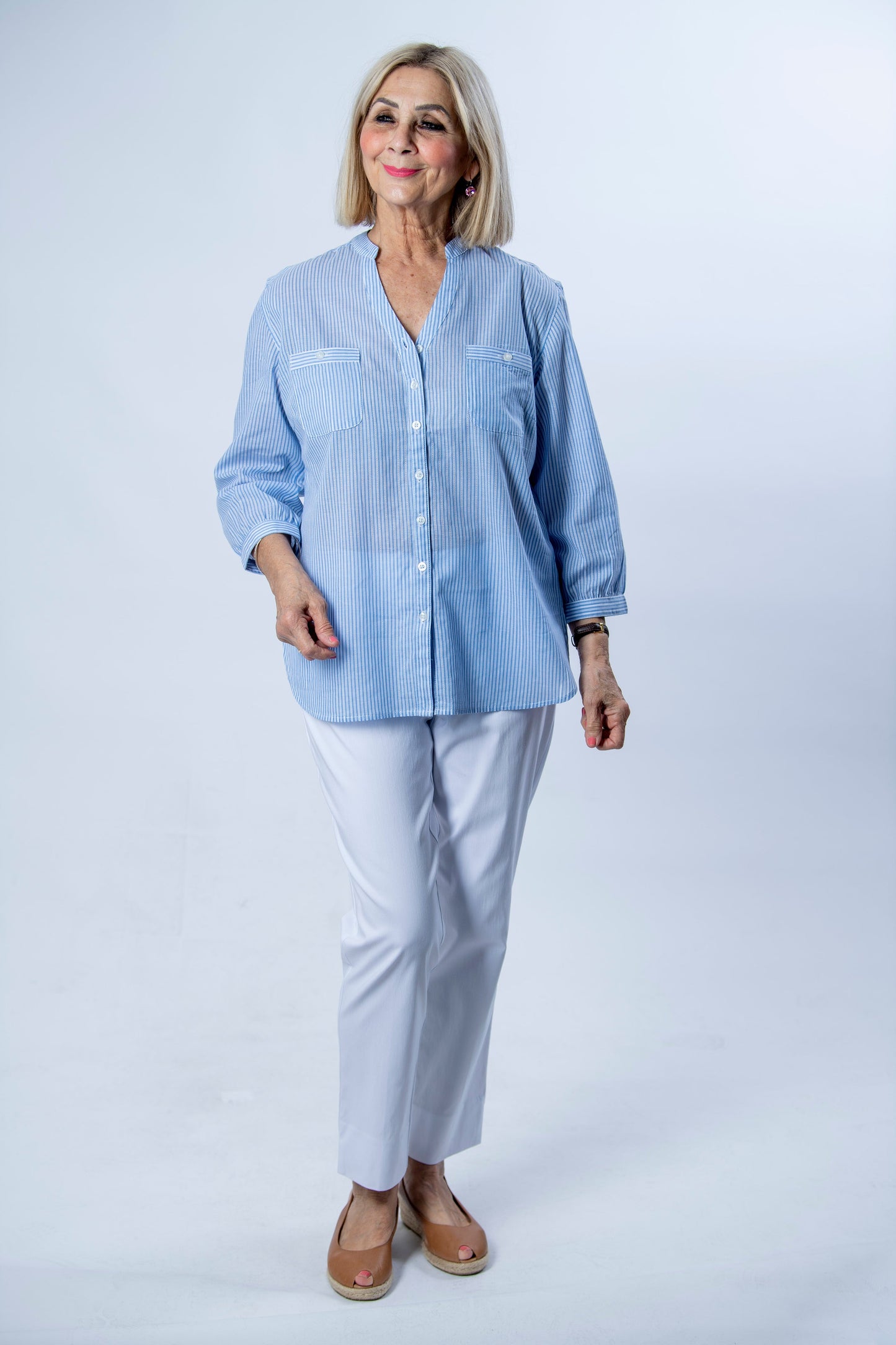 3/4 tab sleeve cotton stripe mandarin collar shirt #3206 - Blue